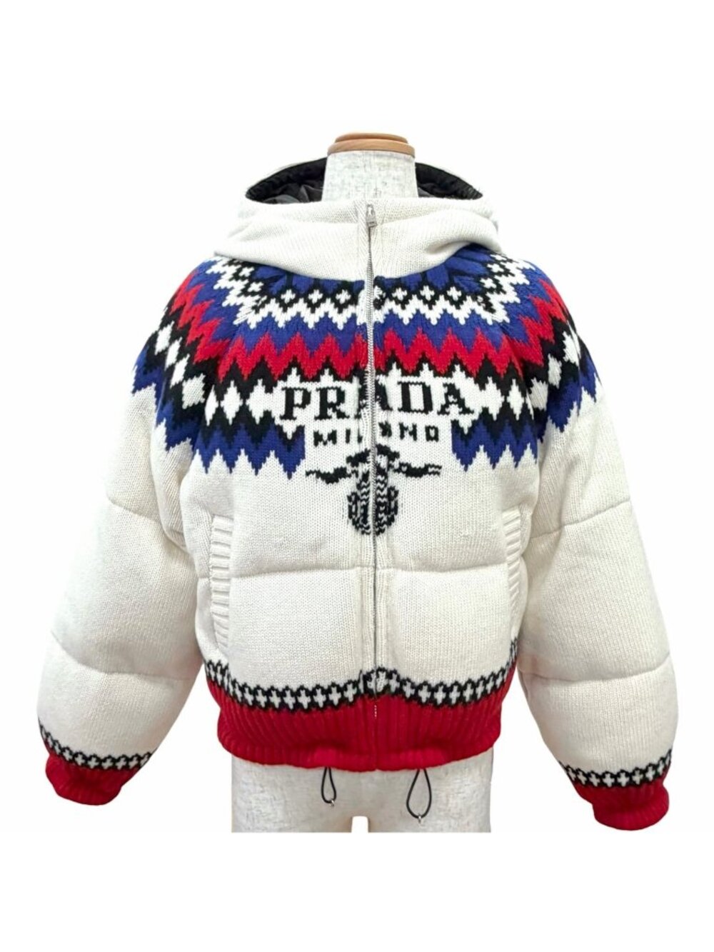 Prada Wool Cashmere Nordic Pattern Logo Hooded Down Jacket White IT 36